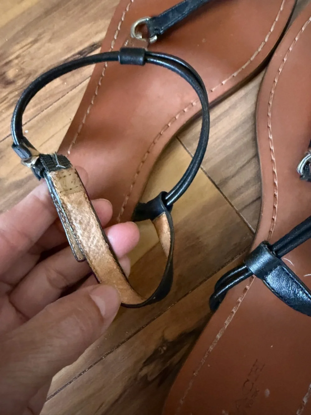 Coach Black T-Strap Brown Leather Flat